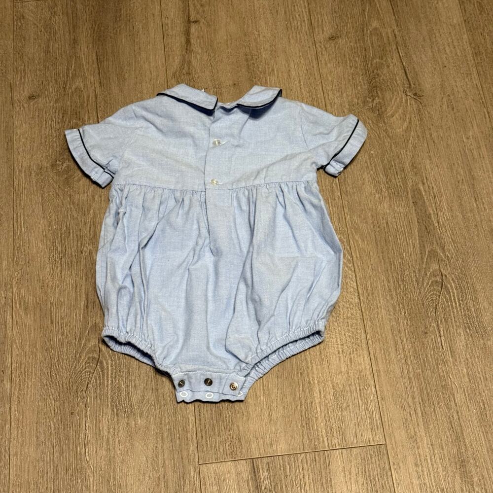 Carriage Boutiques Baby Boy Bubble Romper 3M Smocked Train w/ Button Wheels - Picture 2 of 3